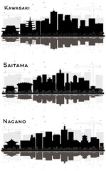 Nagano, Saitama and Kawasaki Japan City Skylines Black and White Silhouette with Reflections.