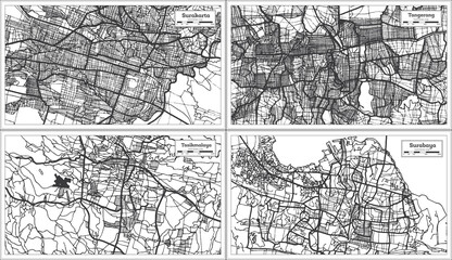 Tasikmalaya, Tangerang, Surabaya and Surakarta Indonesia City Maps in Black and White Color.