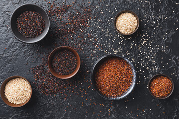 Obraz na płótnie Canvas Bowls with different quinoa on dark background