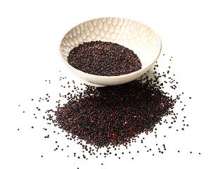 Bowl with healthy quinoa on white background