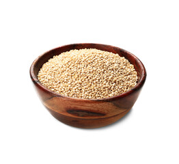 Bowl with healthy quinoa on white background