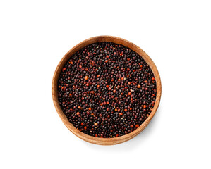 Bowl with healthy quinoa on white background