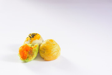 Spring Roll pastry with nuts, salted eggs isolate on white background.