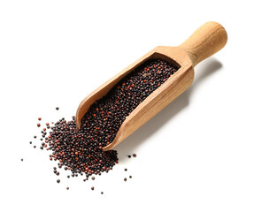 Scoop with healthy quinoa on white background