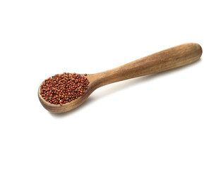 Spoon with healthy quinoa on white background