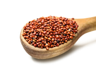Spoon with healthy quinoa on white background