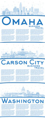 Outline Washington DC, Omaha and Carson City Nevada City Skylines with Blue Buildings and Copy Space. - obrazy, fototapety, plakaty