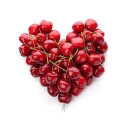 Heart shape made with ripe sweet cherry on white background