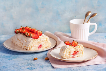 Delicious meringue roll with strawberry on color background