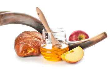Honey with apples, shofar and challah on white background. Rosh Hashanah (Jewish New Year) celebration