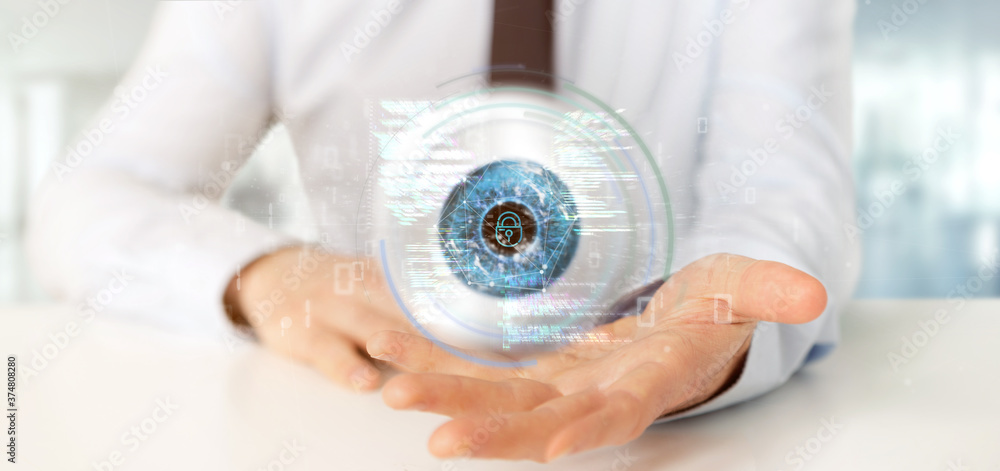Aufkleber businessman holding a visual recognition eye concept with data - 3d rendering