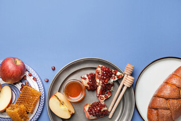 Composition for Rosh Hashanah (Jewish New Year) celebration on color background