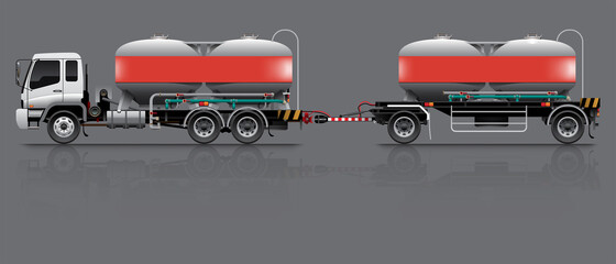 VECTOR EPS10 - cement silo trailer truck double unit 18 wheels, supply delivery truck for concrete plant or construction site, isolated on grey background. © Thanit