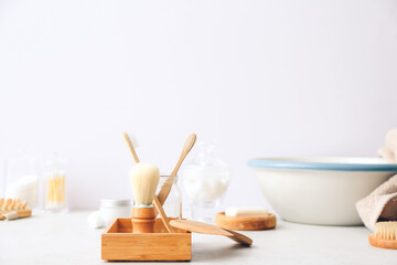 Natural bathing supplies on table in bathroom. Ecology concept