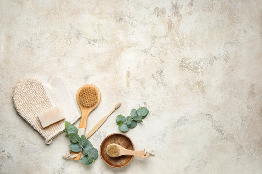 Natural bathing supplies on light background. Ecology concept