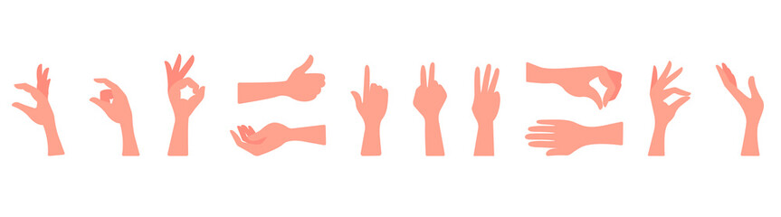 Set of hands on a white background. Different hand gestures, hold, take, give, pinch, approve, support, okay, okay. Fingers closed, open, palm, hand, skin. Vector illustration, flat design, eps 10.