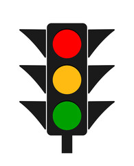 Traffic light. Icon of stoplight. Red, yellow, green signals for safety on road. Stop or go. Traffic lamps on street for warning. Sign of crosswalk for regulation. Equipment for crossroad. Vector