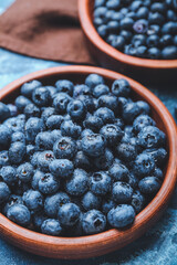 Tasty blueberry in plate on color background