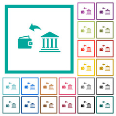 Money withdrawal from bank flat color icons with quadrant frames