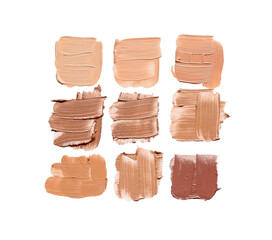 Samples of foundation for makeup on white background