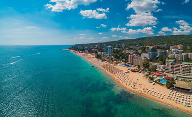 Aerial view of Golden Sands beach resort , Zlatni Piasacithe near Varna, Bulgaria - obrazy, fototapety, plakaty