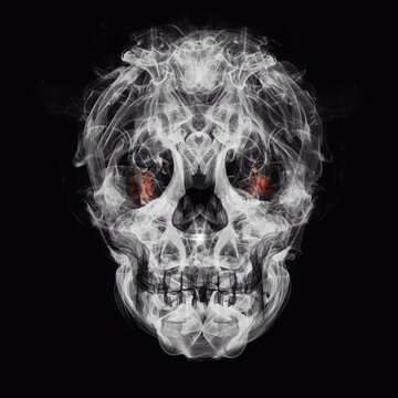 Smoke skull with fire in sockets isolated on black background. 