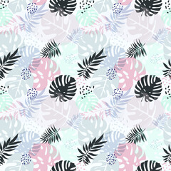 Fototapeta na wymiar Seamless pattern with tropical plants, decorative leaves, stems on a white background. Vector illustration, flat design, eps 10.