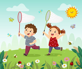 Vector illustration cartoon of happy kids catching bugs in the field.