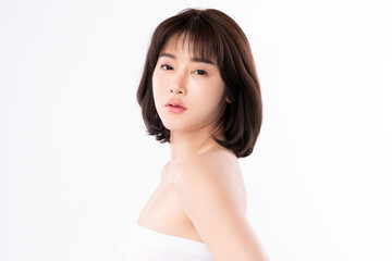 Fototapeta premium Beautiful Young asian Woman with Clean Fresh Skin, on white background, Face care, Facial treatment, Cosmetology, beauty and spa, Asian women portrait