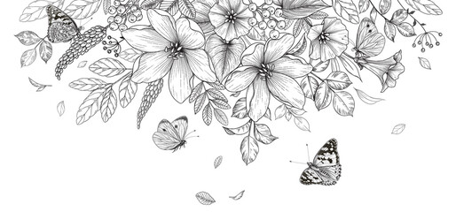 Hand Drawn  Wild Flowers  and  Flying Butterflies - 374810441