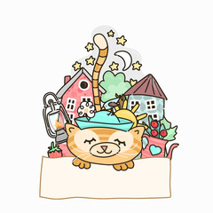 Ginger cat in a hat holds a sheet of paper in its paws, place for text, cute urban background. Starry sky. Doodle for textiles, t-shirts or postcards. Set of vector outline hand drawn style. .
