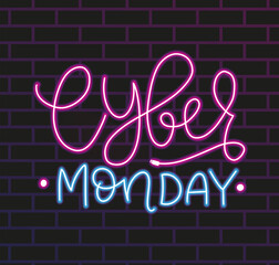 Obraz premium Neon calligraphy Cyber monday - template with lettering composition on bricks wall, vector illustration.