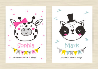 Baby shower invitation templates with giraffe and raccoon for girl and boy
