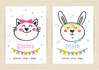 Baby shower invitation templates with cat and rabbit for girl and boy.