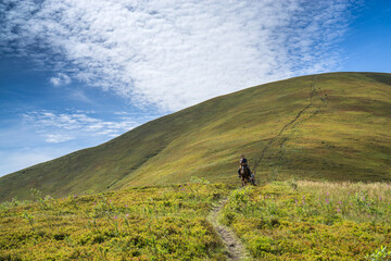 Fototapeta na wymiar Horseback riding in the Carpathian mountains.