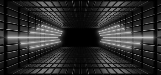 A dark corridor lit by white neon lights. Reflections on the floor and walls. 3d rendering image.