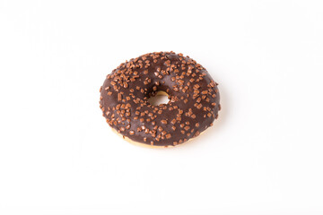 Chocolate donut on a white background close-up.