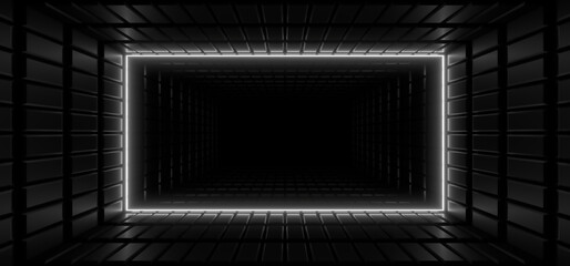 Obraz premium A dark corridor lit by white neon lights. Reflections on the floor and walls. 3d rendering image.