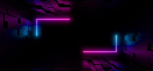 A dark corridor lit by colorful neon lights. Reflections on the floor and walls. 3d rendering image.