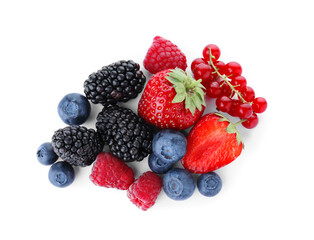 Mix of different fresh berries isolated on white, top view