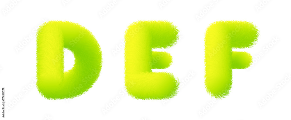 Poster set of high quality 3d shaggy letter d e f on white background . isolated vector element