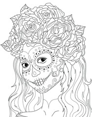 Black and white anti-stress paint. Contour painting. A girl with traditional Katrina makeup for the day of death celebration. For anti-stress books, relax. - Vector graphics