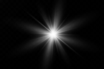 White glowing light explodes on a transparent background. with ray. Transparent shining sun, bright flash. The center of a bright flash