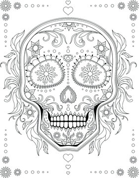 Black and white anti-stress paint. Contour painting. Sugar skull with a traditional Mexican mural to celebrate the day of death. For anti-stress books, relax. - Vector graphics