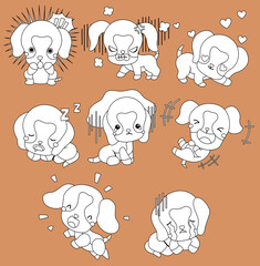 a vector set of many beagles in different emotions with black and white colour

