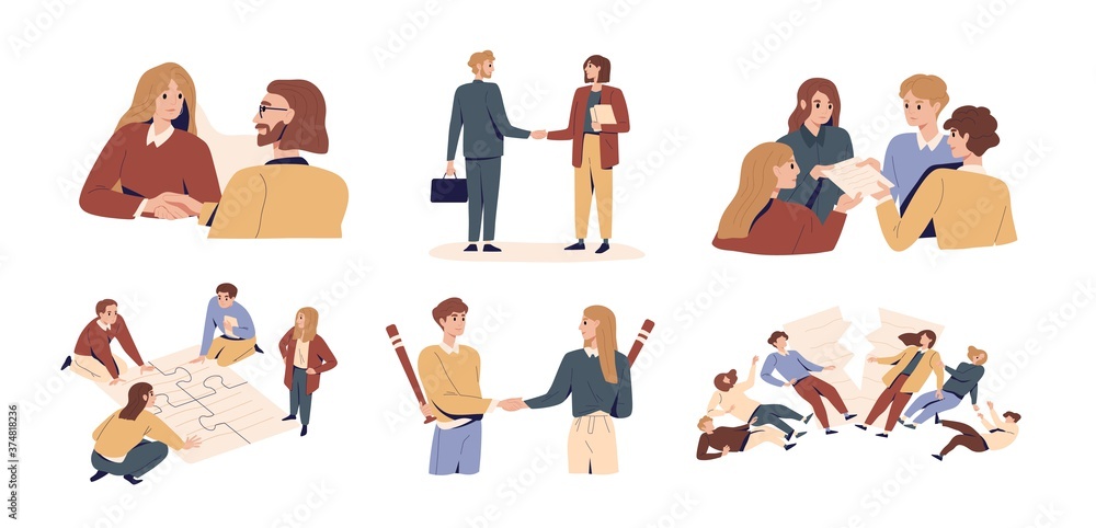 Poster set of bad, failed or successful team work and deception in partnership. concept of business agreeme