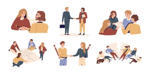 Set of bad, failed or successful team work and deception in partnership. Concept of business agreement or betray between partners. Dishonest teamwork flat vector illustration isolated on white