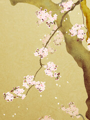 Cherry blossoms painted on gold leaf background