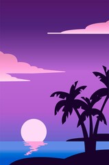 Naklejka premium Creative concept vector travel illustration florida palms seaside beach landscape in the dusk sundown.