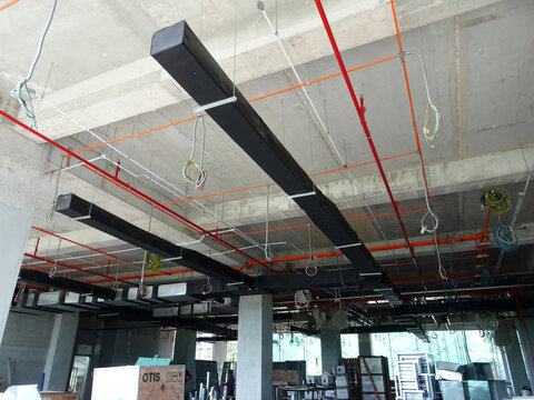 KUALA LUMPUR, MALAYSIA - AUGUST 31, 2019: Air-condition and ventilation duct under construction at the construction site. Distributing cool air and control the room's temperature.  